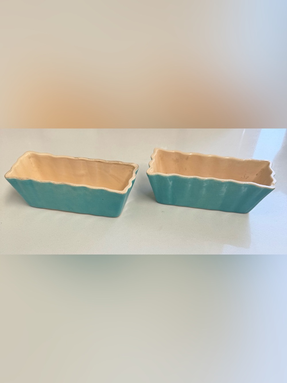 Vintage Ramekins - handmade Set of 2 Turquoise Ceramic rectangular